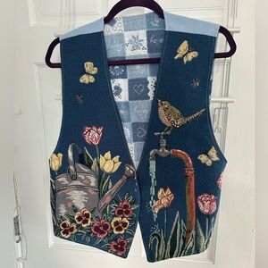 Embroidered Garden Vest with Watering Can & Bird Motif